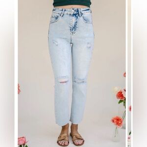 Risen High Rise Crop Straight Leg Jeans 32W/15‎ Washed Denim New With Tags